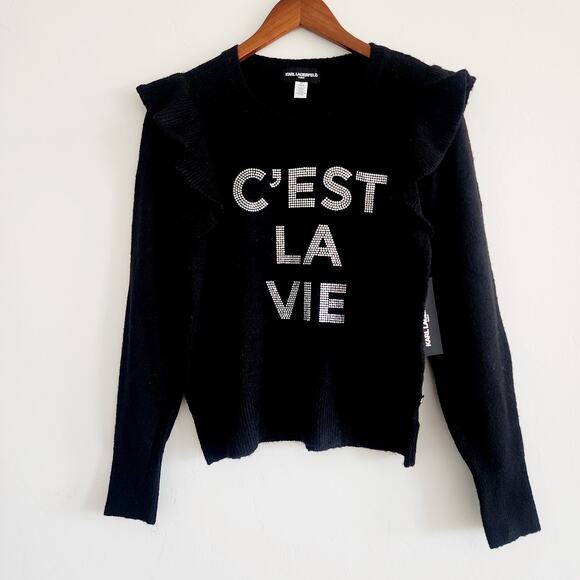 Karl Lagerfield Black C'est La Vie Ruffle Sleeve Rhinestone Sweater Size Small - Picture 1 of 4